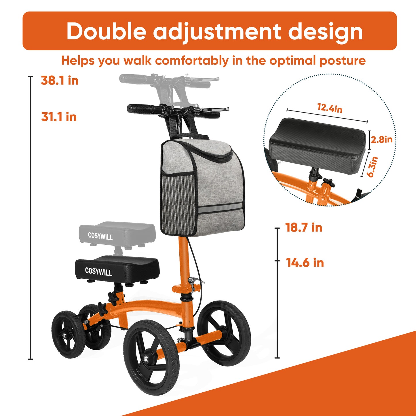 COSYWILL Steerable Knee Scooter,Economy Knee Walker,All Terrain Foldable Medical Scooter for Foot Injuries Crutches Alternative,Orange