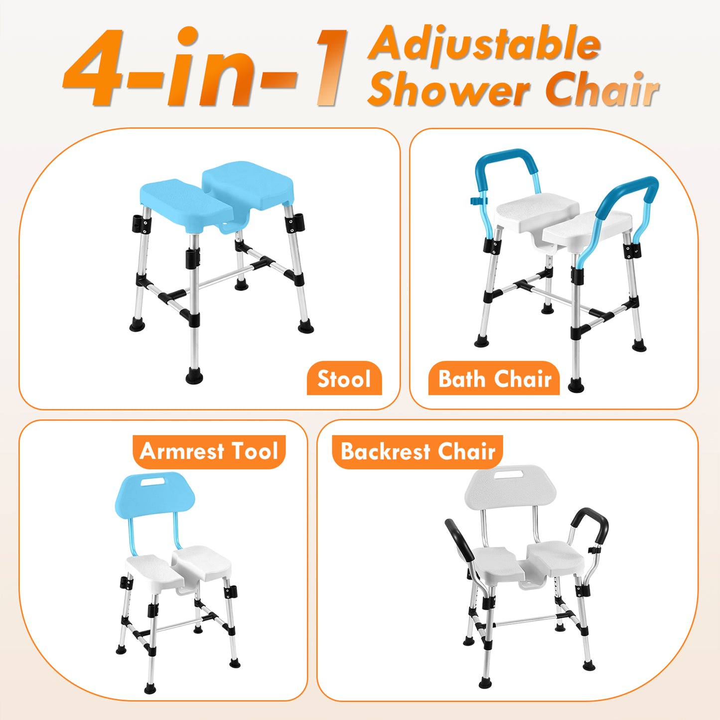COSYWILL U-Shaped Shower Chair,Aluminum Adjustable Heigh Bath Chair with Back and Arms,Heavy Duty Shower Tool for Elderly Disabled Adults
