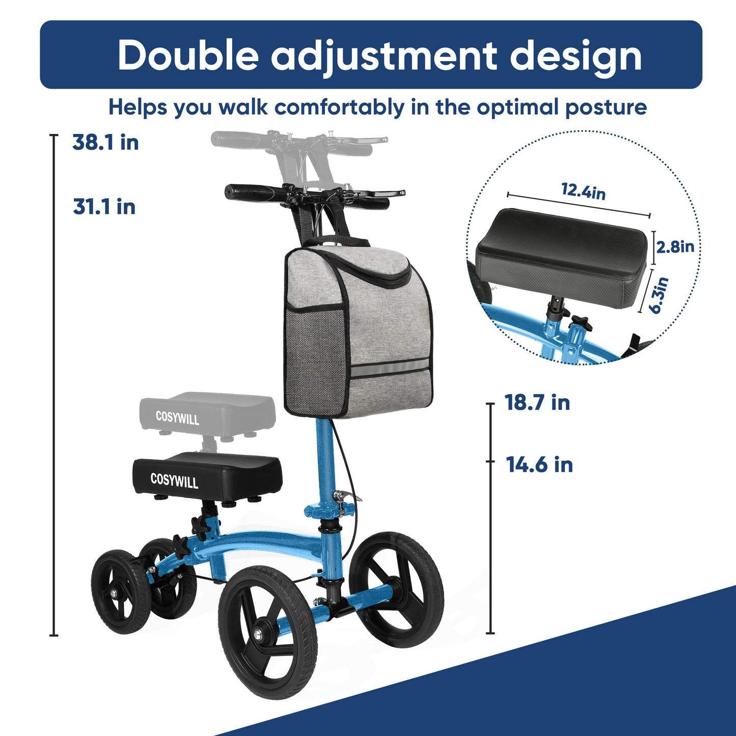 COSYWILL Steerable Knee Scooter,Economy Knee Walker,All Terrain Foldable Medical Scooter for Foot Injuries Crutches Alternative,Light Blue