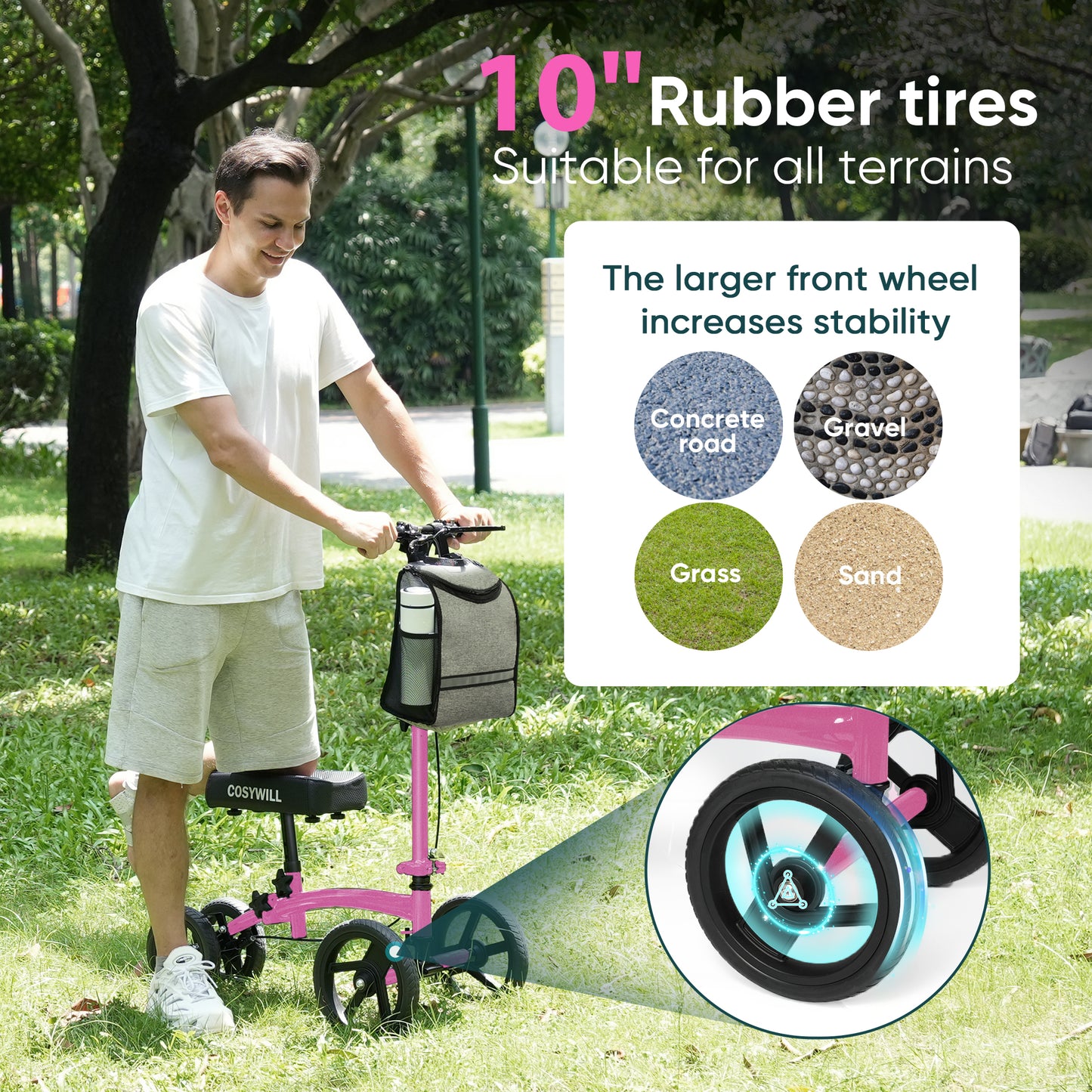 COSYWILL Steerable Knee Scooter,Economy Knee Walker,All Terrain Foldable Medical Scooter for Foot Injuries Crutches Alternative,Pink