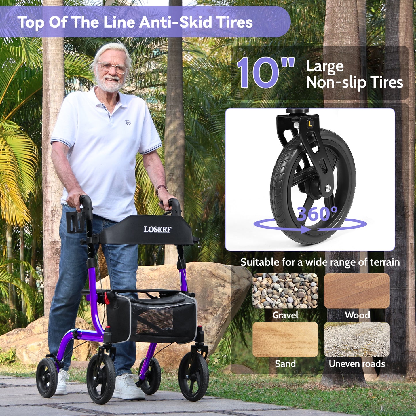 COSYWILL Rollator Walkers with Seat for Seniors, Foldable 10" Big Wheels All Terrain Rolling Walker,Adjustable Handles, Mobility Walker for Seniors,Purple