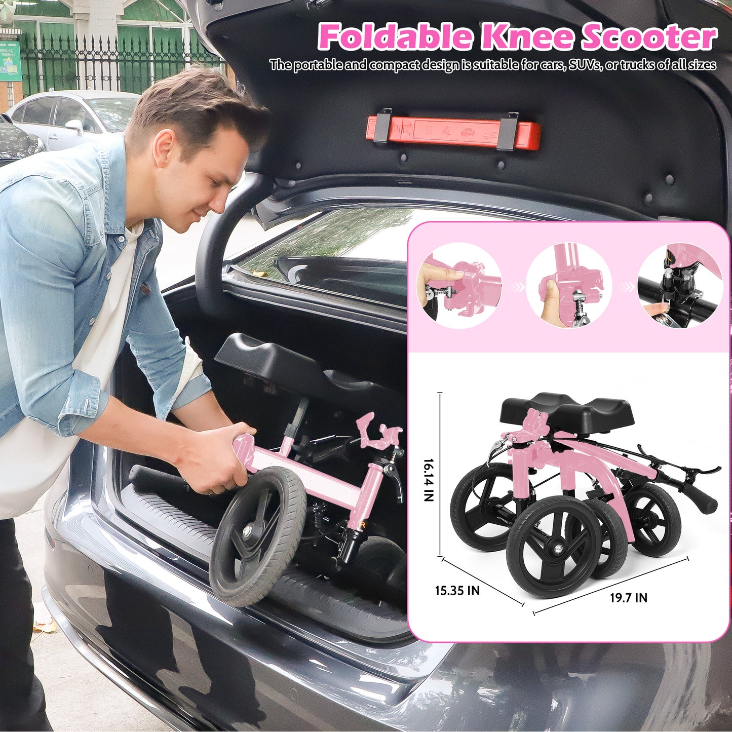 COSYWILL Steerable Knee Scooter,Knee Walker Scooter for Adults with 10" Front Wheels,Foldable Knee Scooter for Foot Surgery Crutches Alternative,Pink