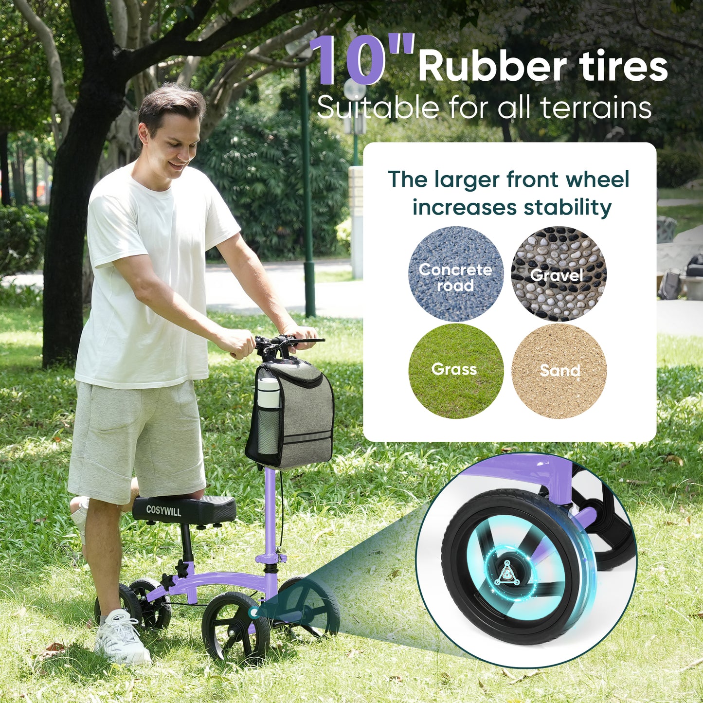 COSYWILL Steerable Knee Scooter,Economy Knee Walker,All Terrain Foldable Medical Scooter for Foot Injuries Crutches Alternative,Purple