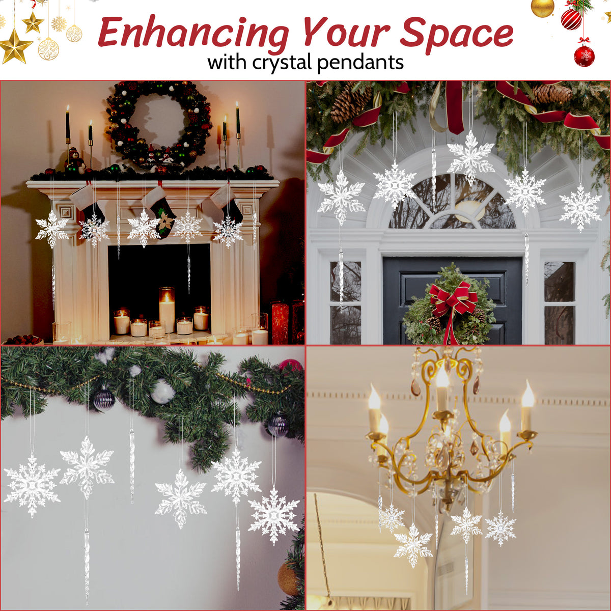 Yexmas 36 Pcs Christmas Tree Crystal Ornaments, Hanging Acrylic Navidad Snowflake Icicle Pendant Crystal Decorations for Holiday Decor, New Year Party