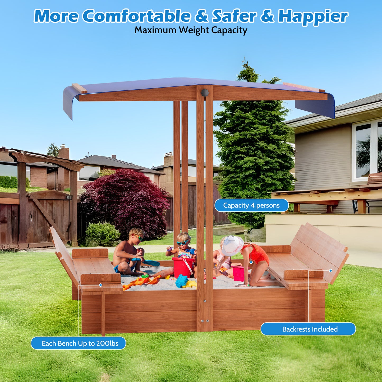 YOUPINS 48" Wooden Sandbox with Lid, Outdoor Large Kids Sandbox with Seat,for Yard Lawn Garden