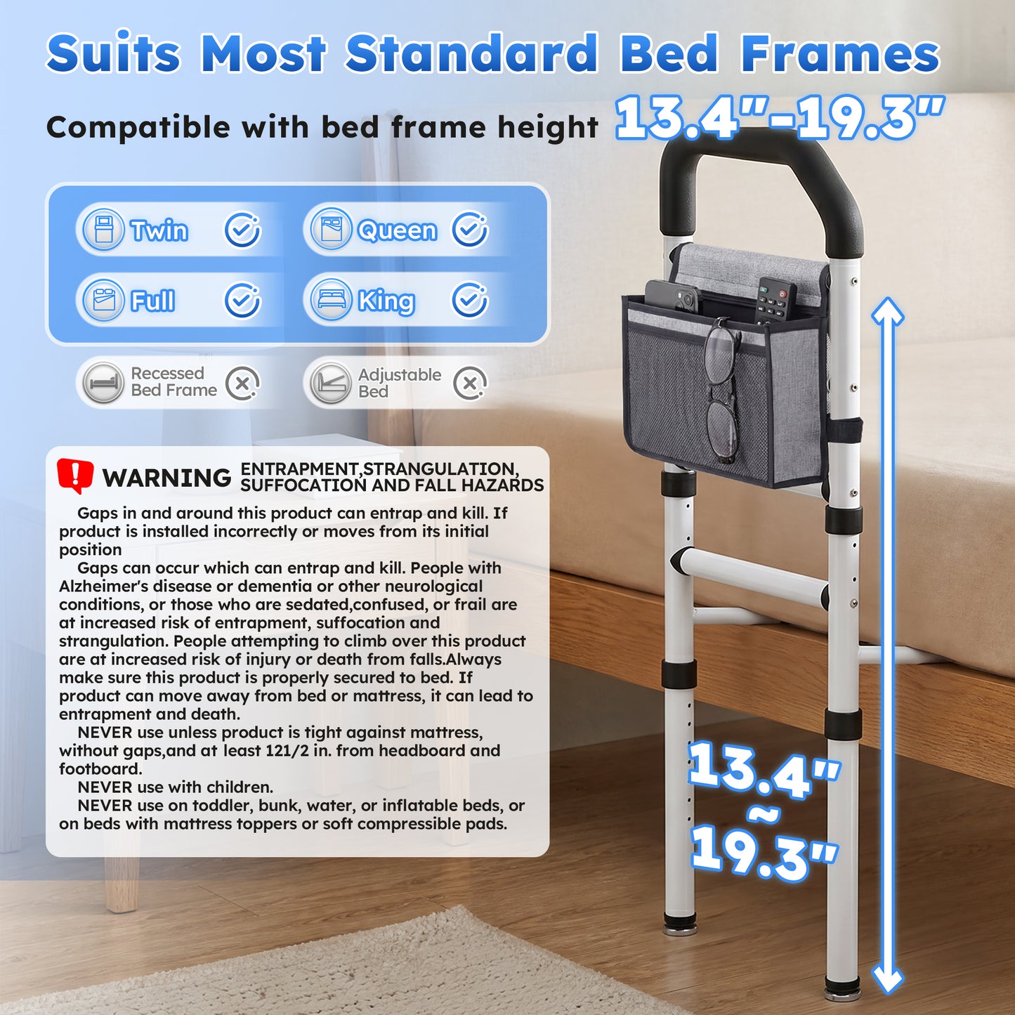 COSYWILL Bed Rails for Adults, Adjustable Bed Assist Rail with Storage Pocket and Safety Strap, Non-Slip Bedside Support Rail Supports up to 330 lbs