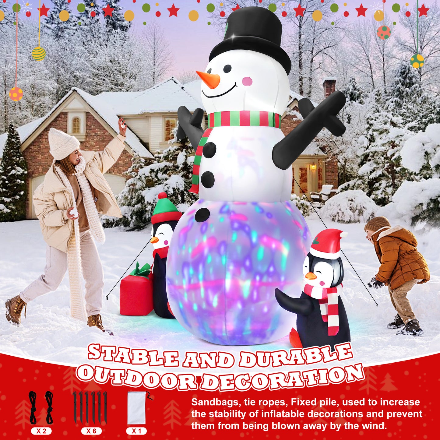 IZNEN 6FT Christmas Snowman Inflatables,Outdoor Snowman Decor with Penguins & Gift Boxes,Xmas Blow Up Yard Inflatables for Party Indoor Garden Lawn Decor