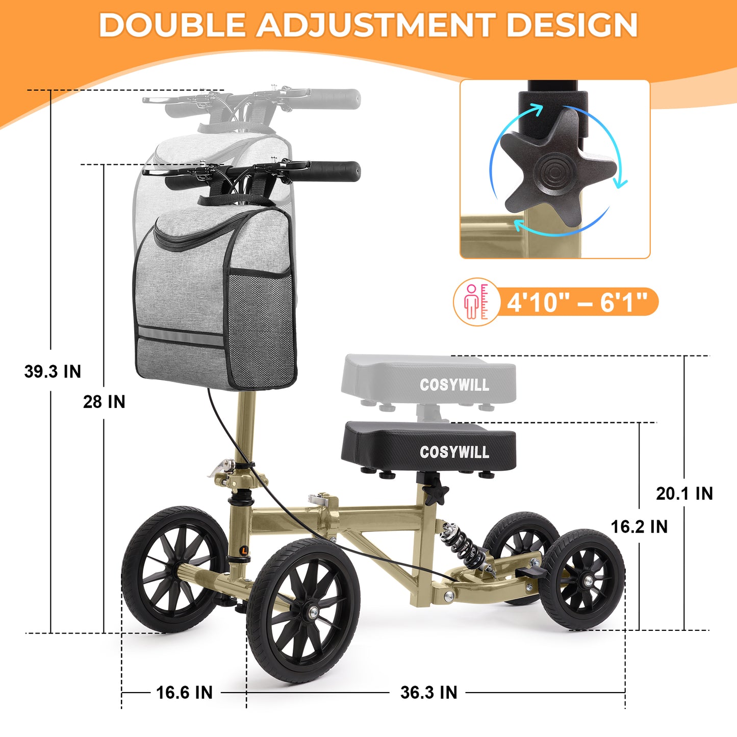 COSYWILL All Terrain Knee Scooter,Knee Walker Scooter for Foot Injuries,Adults Roller Scooter for with 10“ TPU Wheel,Compact Crutches Alternative,Champagne Gold