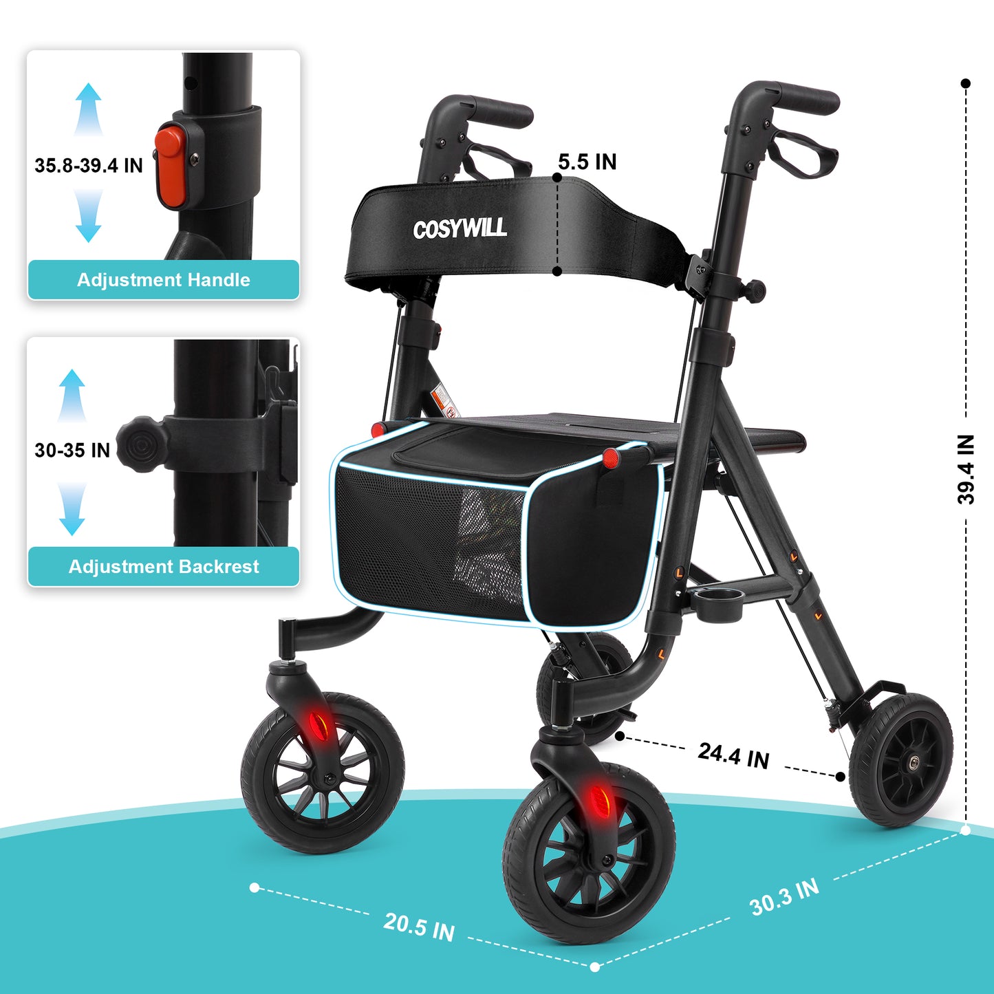 COSYWILL Aluminum Rollator Walker with Seat,Height Adjustable Mobility Walker with 8" Wheels,350 lb Weight Capacity,Black