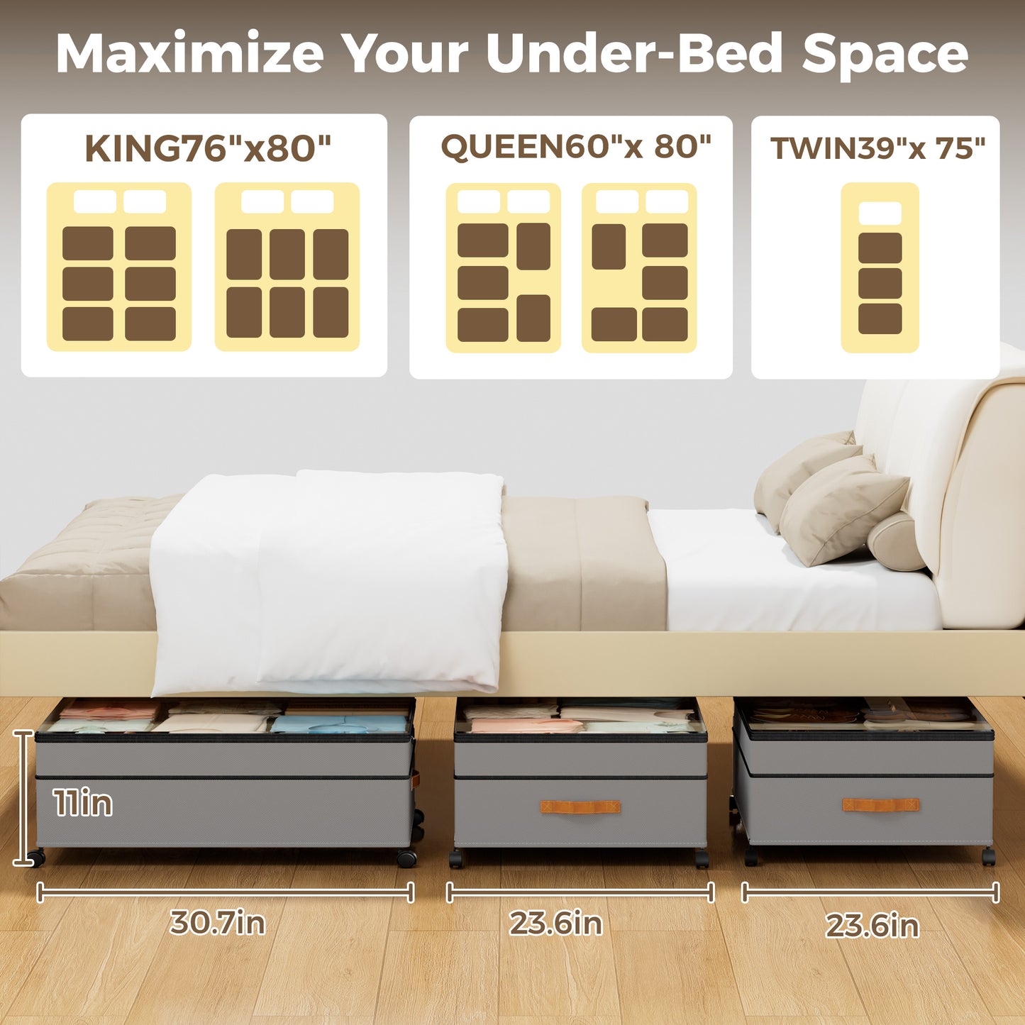 YOUPINS XXXL 100L Under Bed Storage with Wheels,2 Pack Under Bed Storage Containers,Storage Bins with Lids for Clothes Shoes Blankets,Gray
