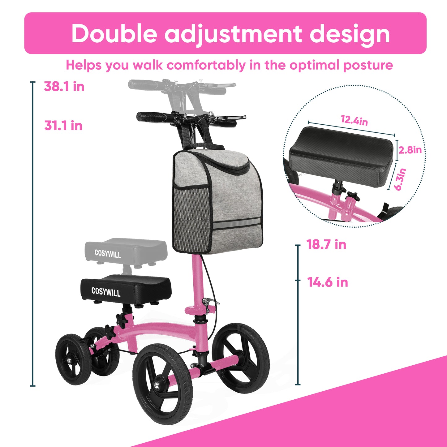 COSYWILL Steerable Knee Scooter,Economy Knee Walker,All Terrain Foldable Medical Scooter for Foot Injuries Crutches Alternative,Pink