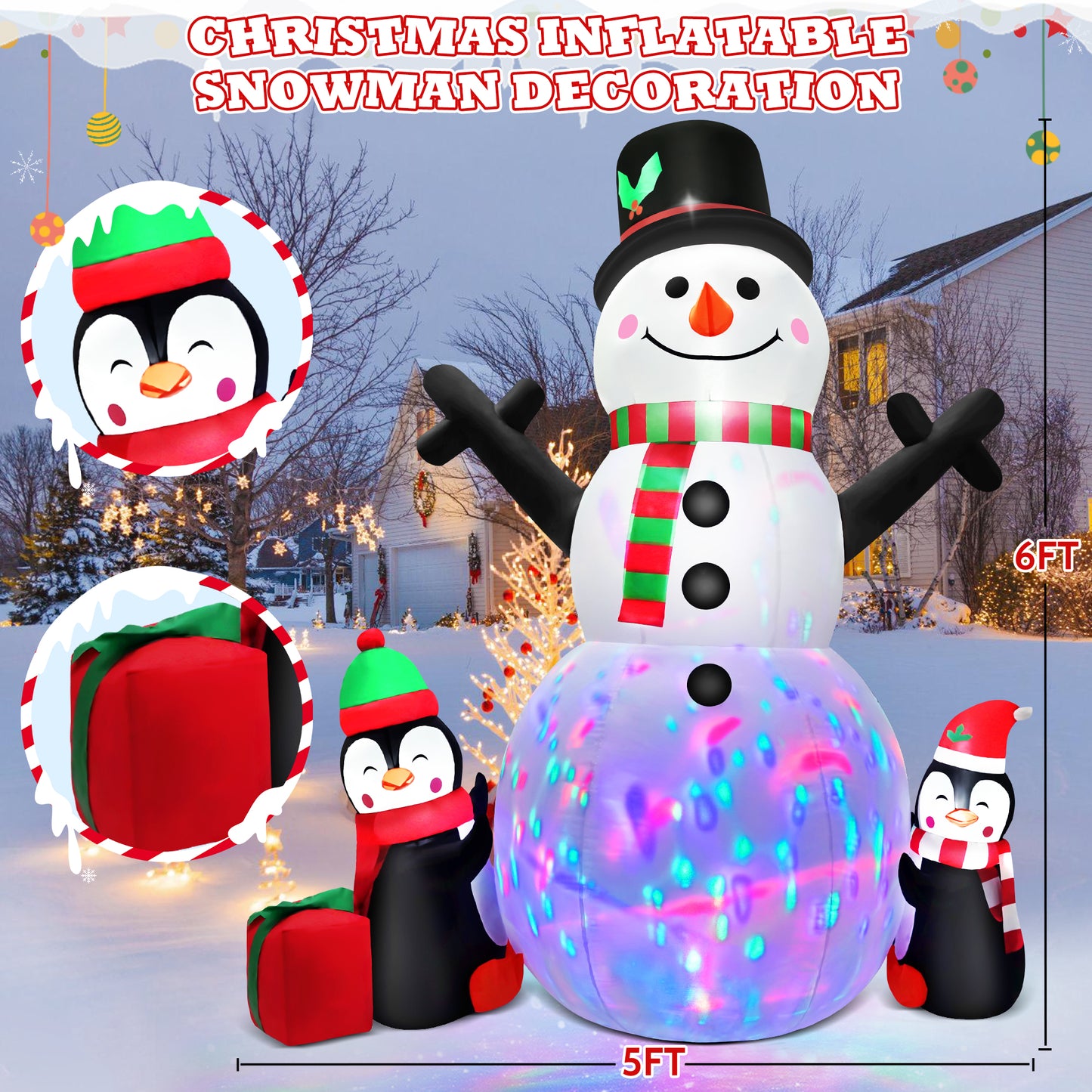 IZNEN 6FT Christmas Snowman Inflatables,Outdoor Snowman Decor with Penguins & Gift Boxes,Xmas Blow Up Yard Inflatables for Party Indoor Garden Lawn Decor
