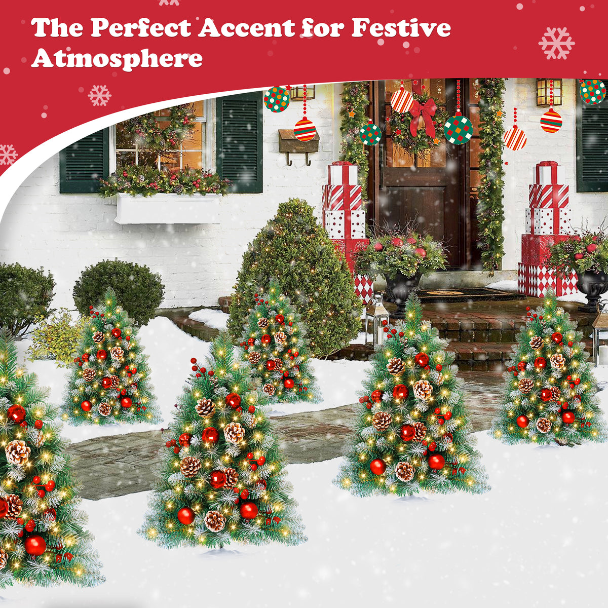 Yexmas 2PCS Small Outdoor Christmas Trees with LED Lights,30" Artificial Xmas Decora for Porch,Yard,Pathway,Garden,PVC