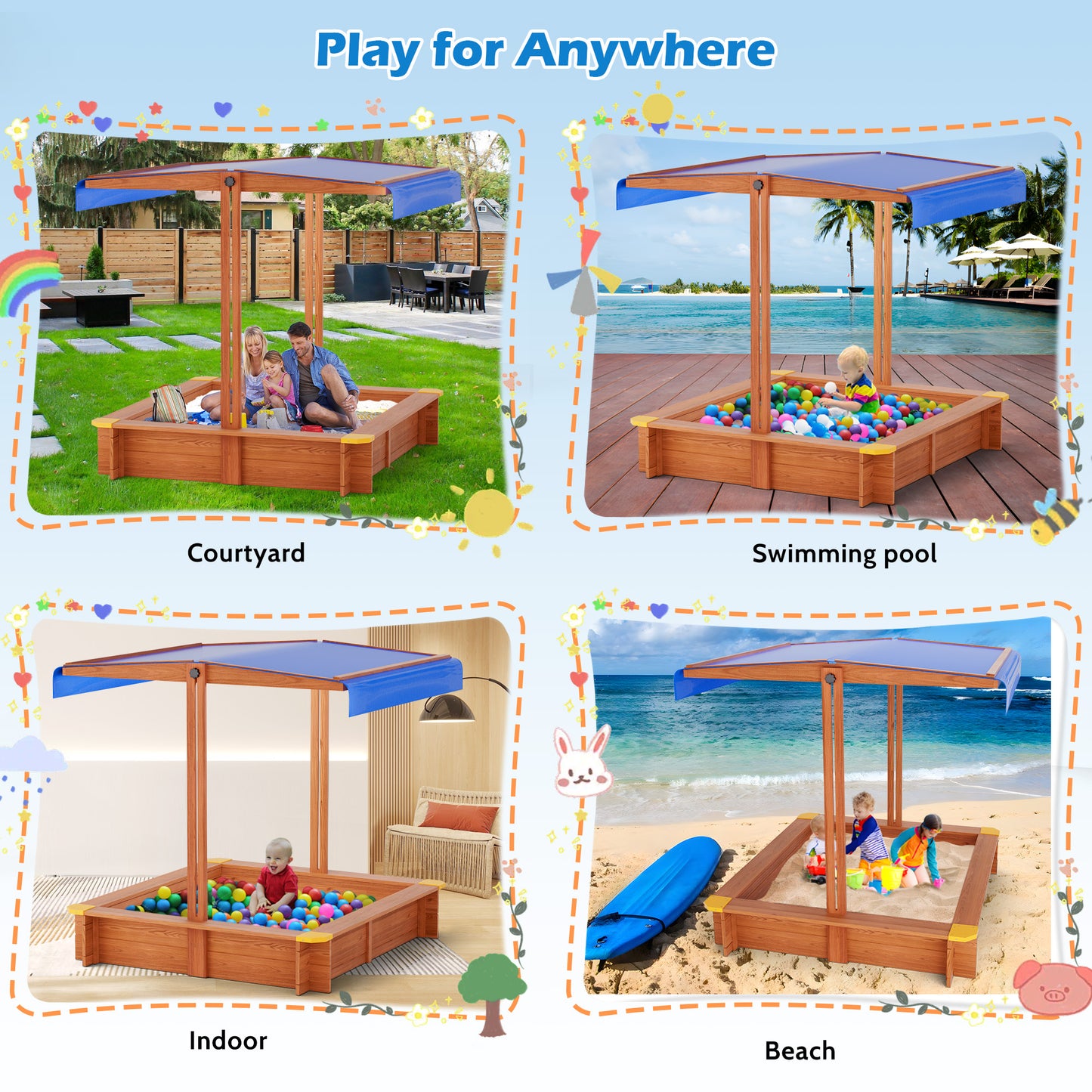 YOUPINS 48" Wooden Sandbox with Lid, Outdoor Large Kids Sandbox with Seat,for Yard Lawn Garden