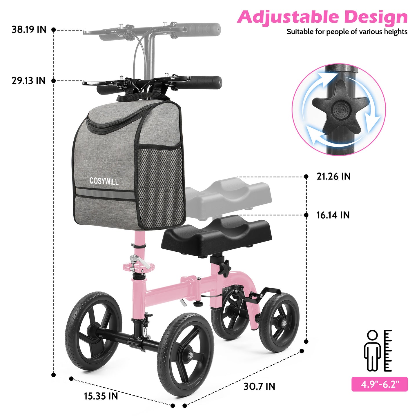 COSYWILL Steerable Knee Scooter,Knee Walker Scooter for Adults with 10" Front Wheels,Foldable Knee Scooter for Foot Surgery Crutches Alternative,Pink