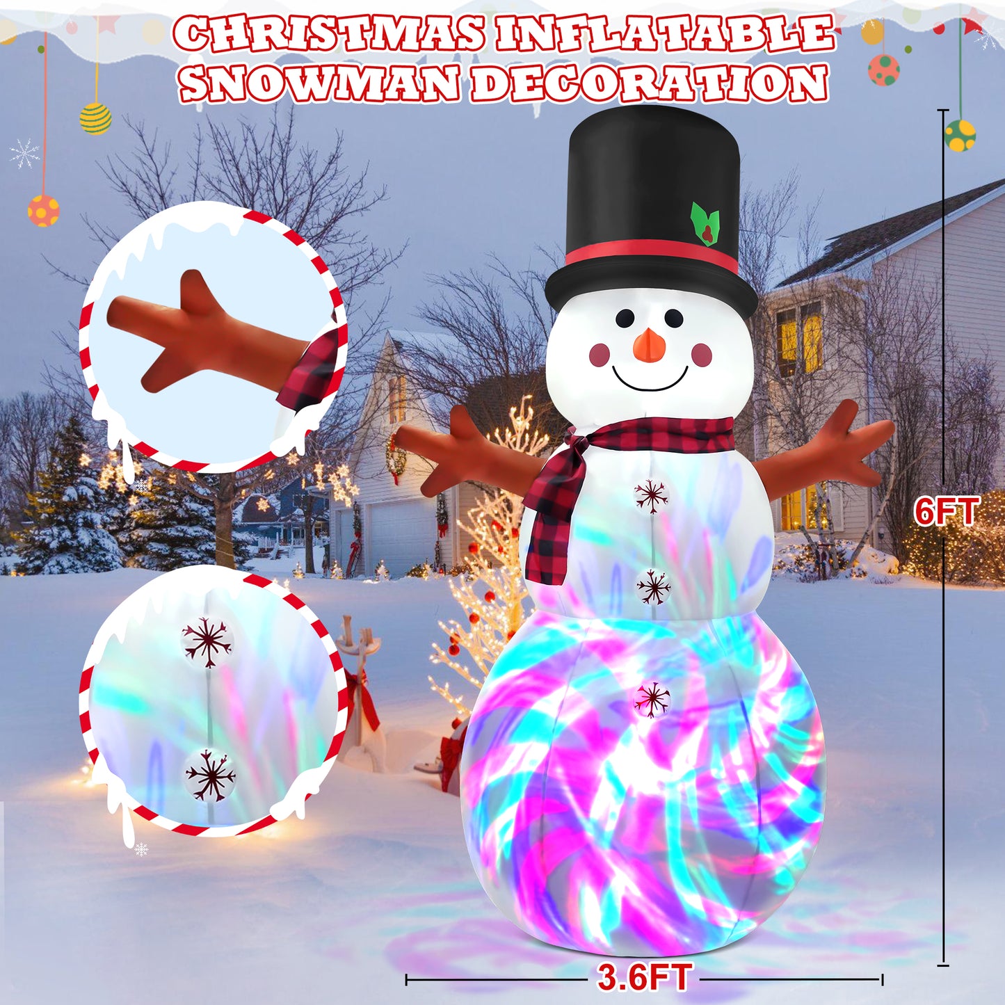 IZNEN 6FT Christmas Inflatable Outdoor Decoration Snowman, Built-in Rotating Disco Light,Blow Up Snow Man Wear Magic Hat Yard Decor for Xmas Holiday Lawn Yard Garden