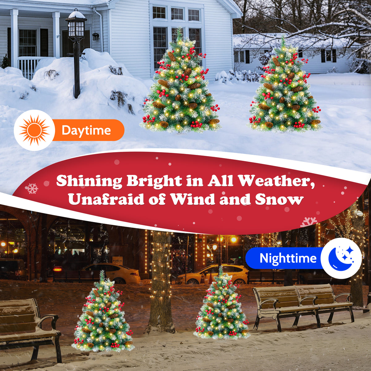 Yexmas 2PCS Small Outdoor Christmas Trees with LED Lights,30" Artificial Xmas Decora for Porch,Yard,Pathway,Garden,Mixed Green PVC