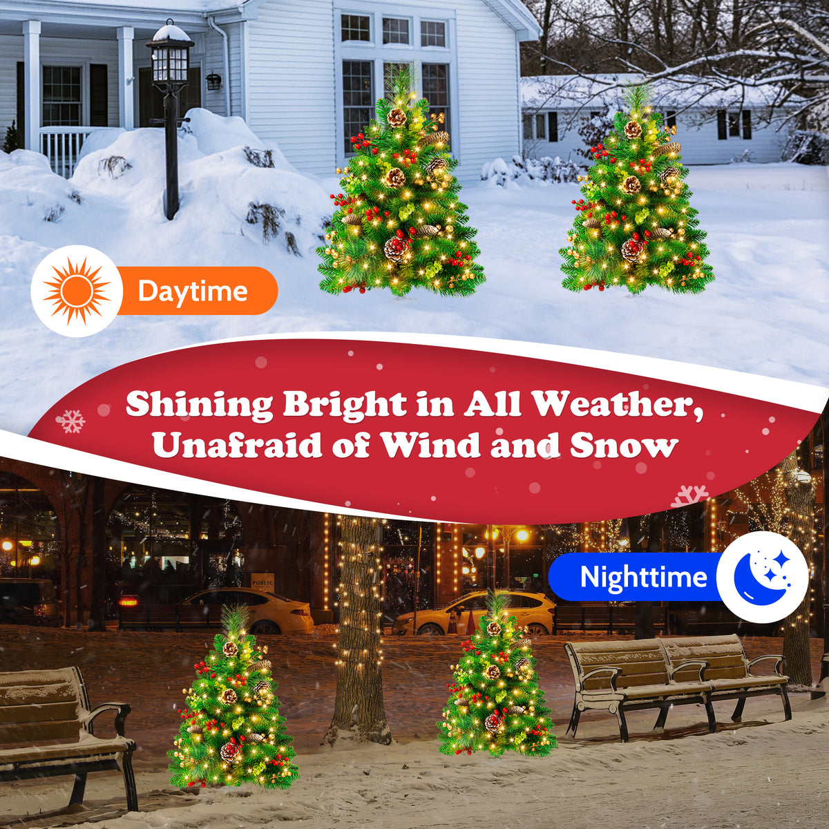Yexmas 2PCS Small Outdoor Christmas Trees with LED Lights,30" Artificial Xmas Decora for Porch,Yard,Pathway,Garden,PVC+Pine Needles