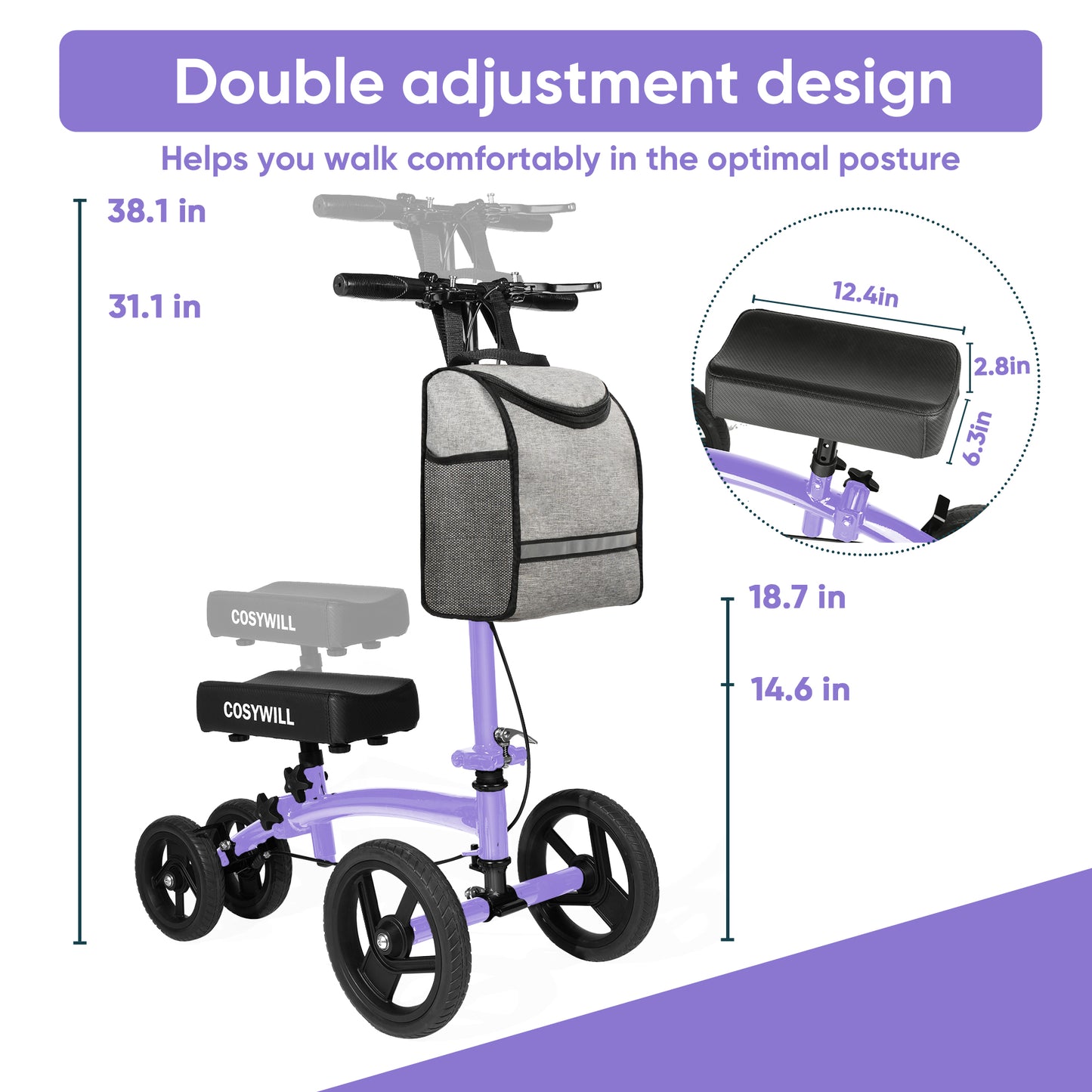 COSYWILL Steerable Knee Scooter,Economy Knee Walker,All Terrain Foldable Medical Scooter for Foot Injuries Crutches Alternative,Purple