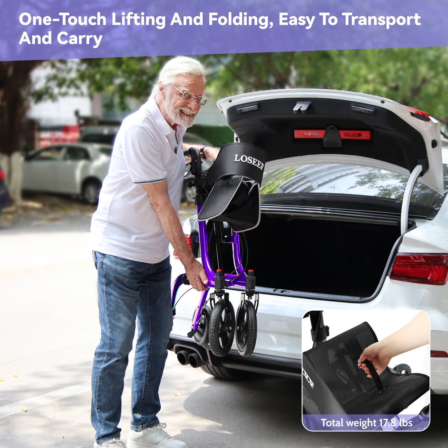 COSYWILL Rollator Walkers with Seat for Seniors, Foldable 10" Big Wheels All Terrain Rolling Walker,Adjustable Handles, Mobility Walker for Seniors,Purple