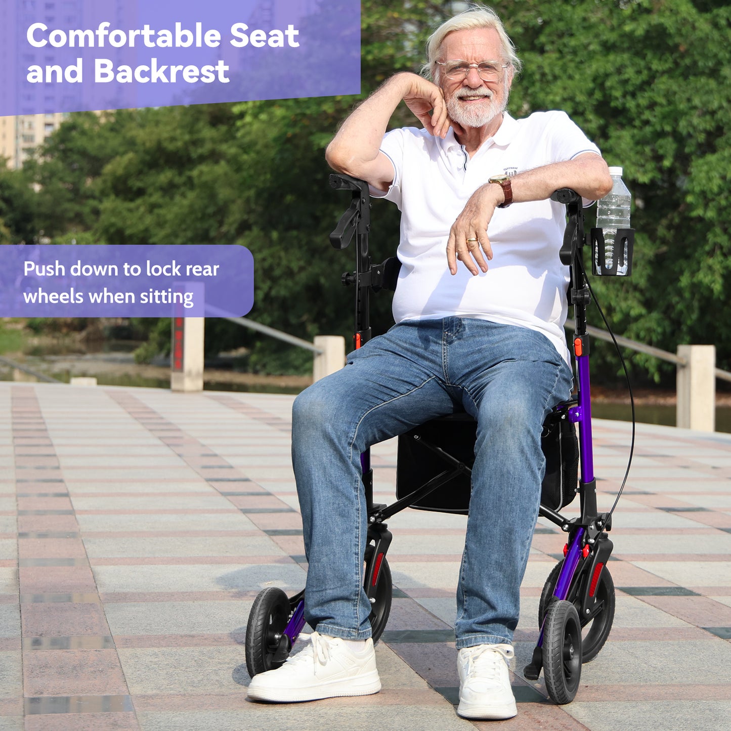 COSYWILL Walkers for Seniors,Foldable Rollator Walker with Seat,Mobility Walkers with 10" Big Wheels, Adjustable Handles and Backrest Height,Purple