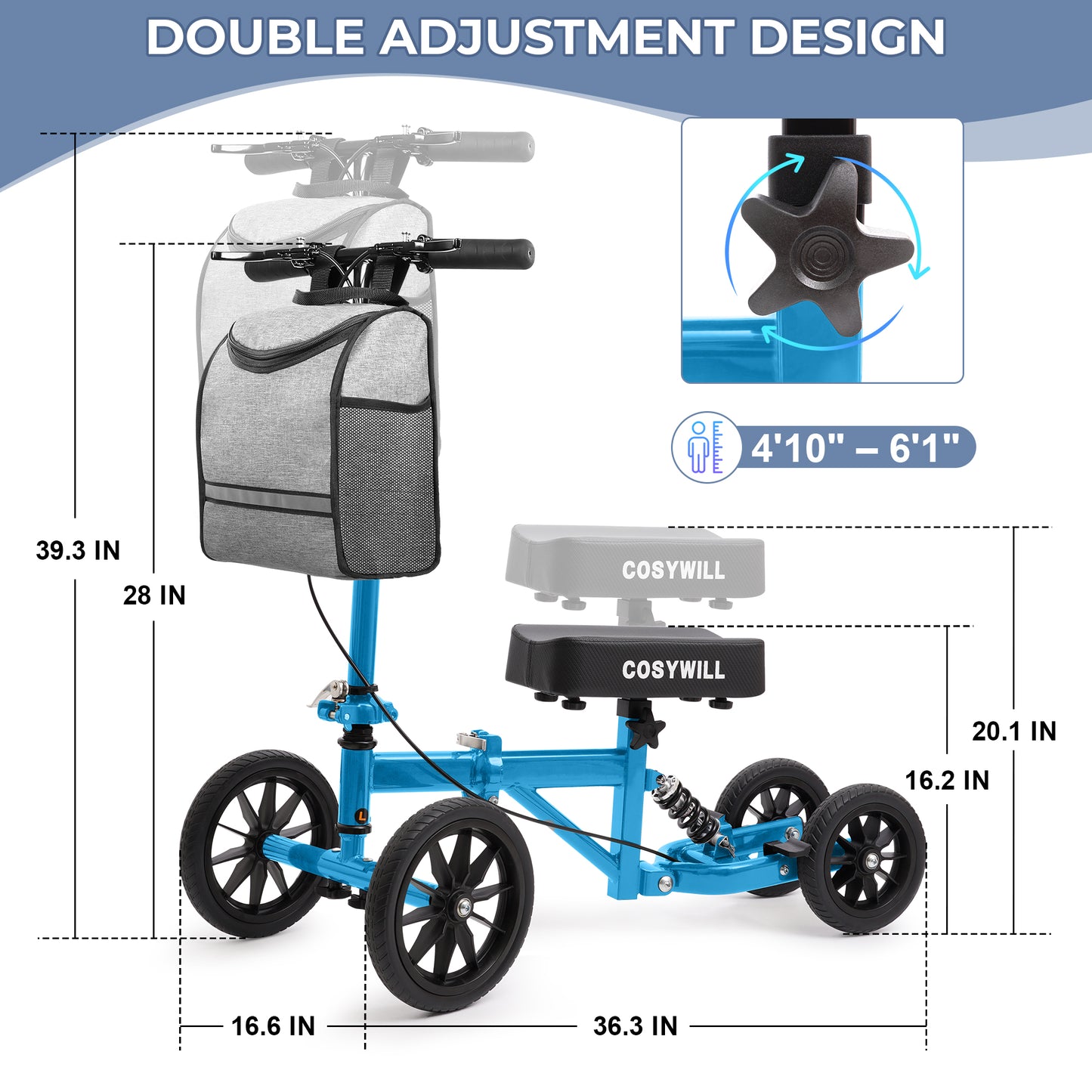 COSYWILL All Terrain Knee Scooter,Knee Walker Scooter for Foot Injuries,Adults Roller Scooter for with 10“ TPU Wheel,Compact Crutches Alternative,Light Blue