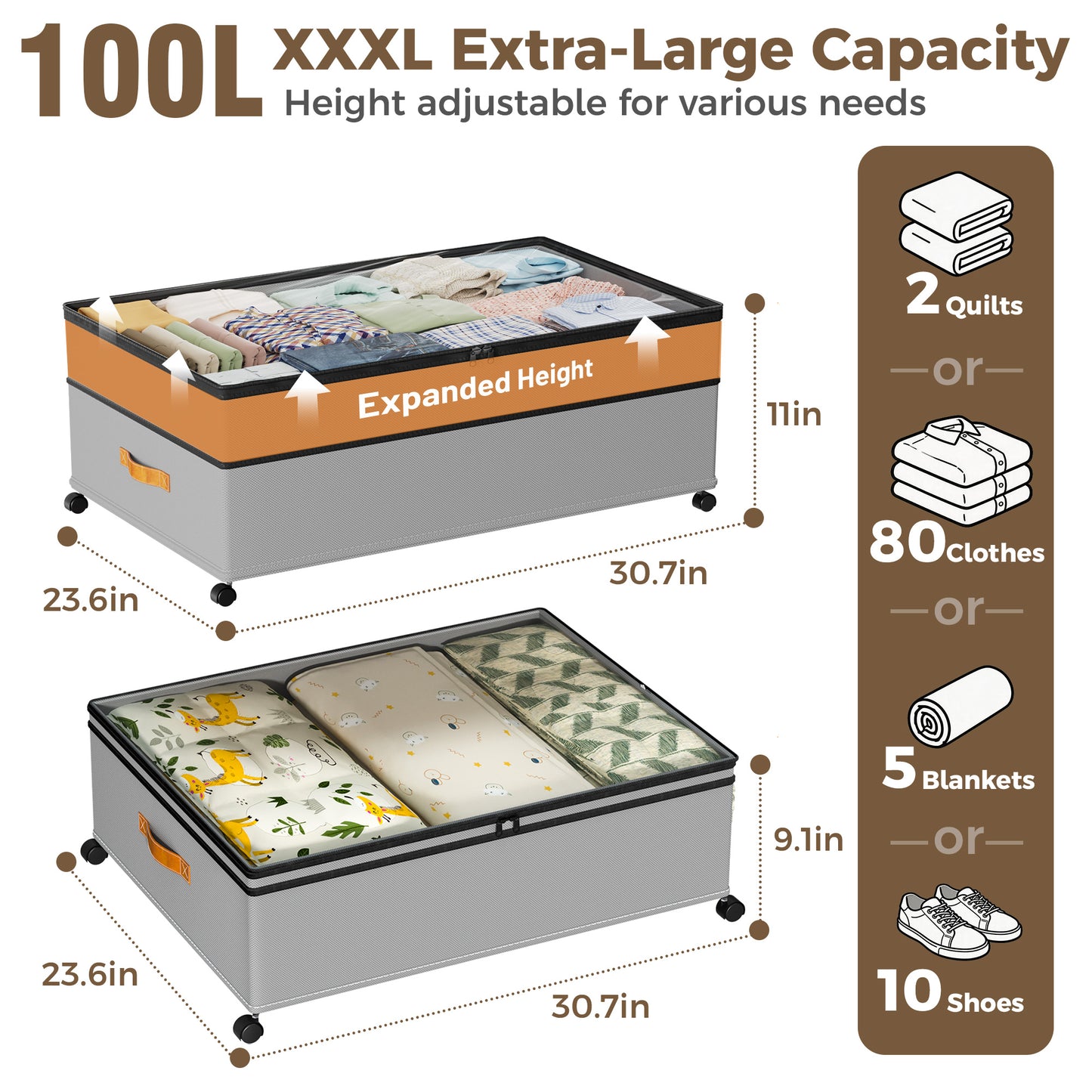 YOUPINS XXXL 100L Under Bed Storage with Wheels,2 Pack Under Bed Storage Containers,Storage Bins with Lids for Clothes Shoes Blankets,Gray
