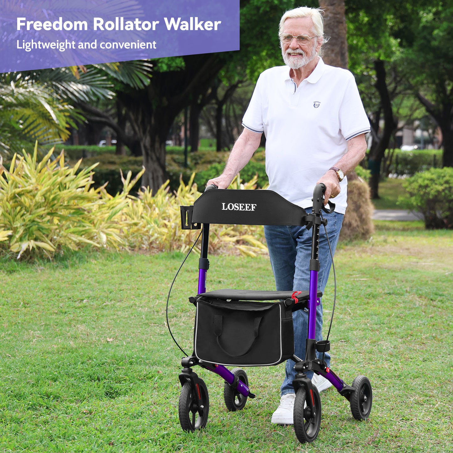 COSYWILL Walkers for Seniors,Foldable Rollator Walker with Seat,Mobility Walkers with 10" Big Wheels, Adjustable Handles and Backrest Height,Purple