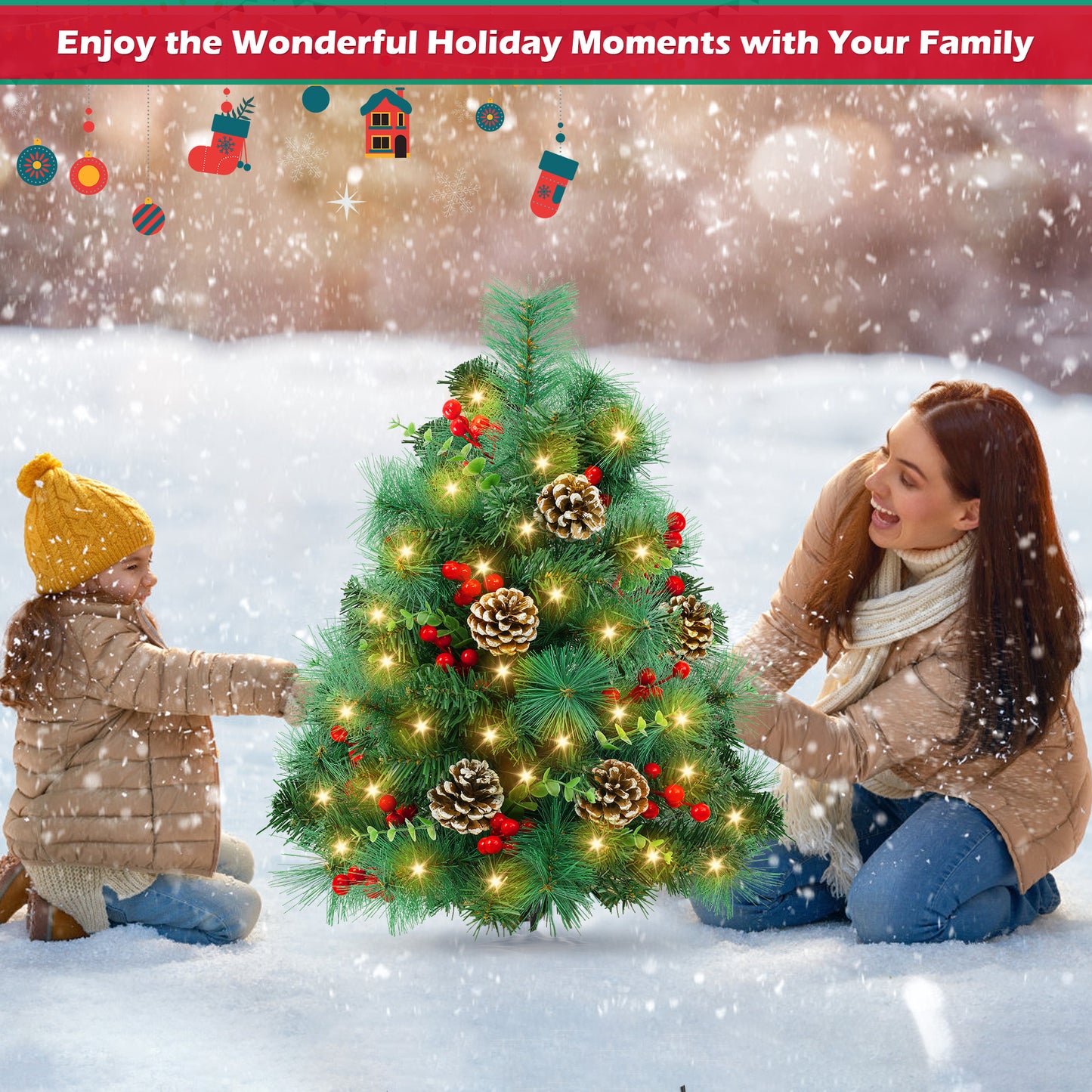 Yexmas 2PCS Small Outdoor Christmas Trees with LED Lights,30" Artificial Xmas Decora for Porch,Yard,Pathway,Garden,PVC+PE+Pine Needles