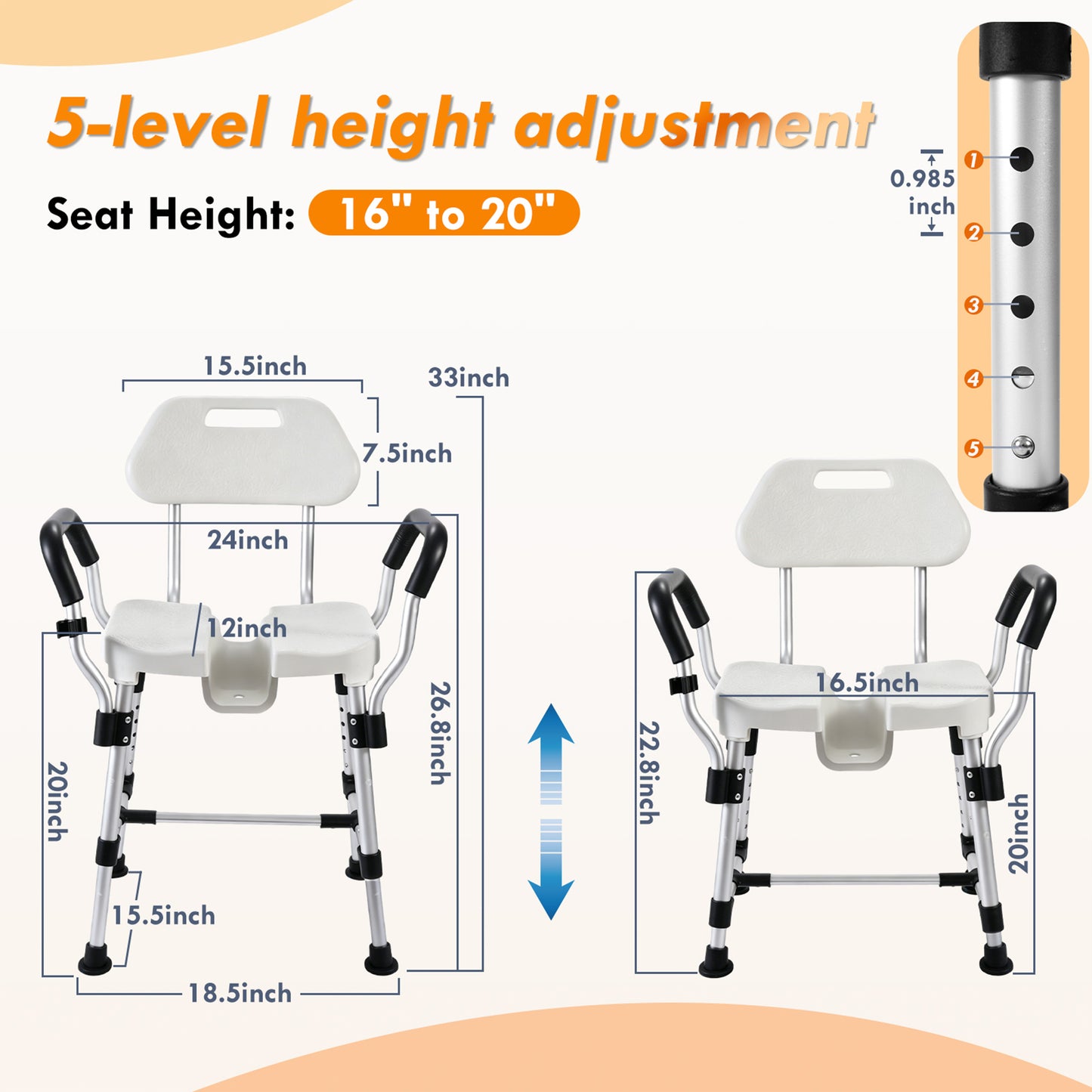 COSYWILL U-Shaped Shower Chair,Aluminum Adjustable Heigh Bath Chair with Back and Arms,Heavy Duty Shower Tool for Elderly Disabled Adults