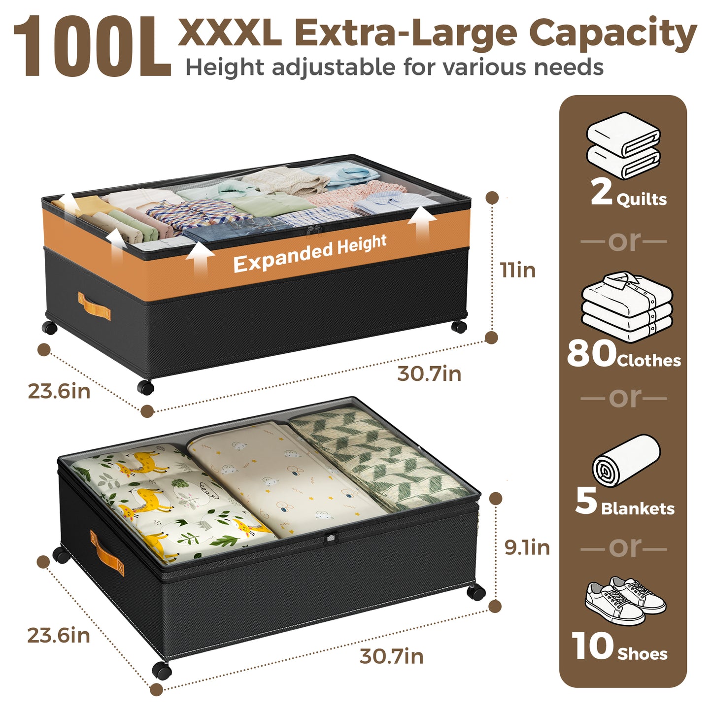 YOUPINS XXXL 100L Under Bed Storage with Wheels,2 Pack Under Bed Storage Containers,Storage Bins with Lids for Clothes Shoes Blankets,Black