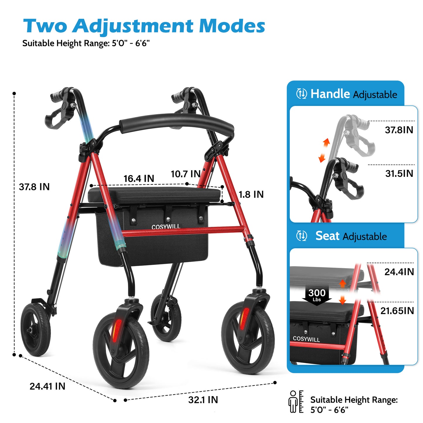 COSYWILL Rollator Walker with Seat,Foldable Walkers for Seniors,Mobility Walkers with 10'' Big Wheels,Adjustable Handles and Seat Height, Red