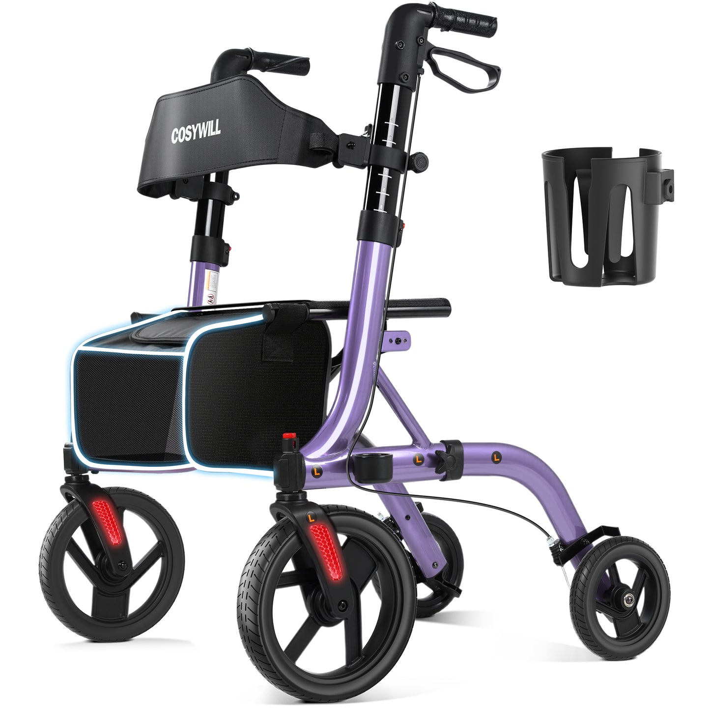 COSYWILL Walker with Seat,Foldable Rollator Walker,10" Wheels,Height Adjustable,Removable Back Support, 300 lbs,Red