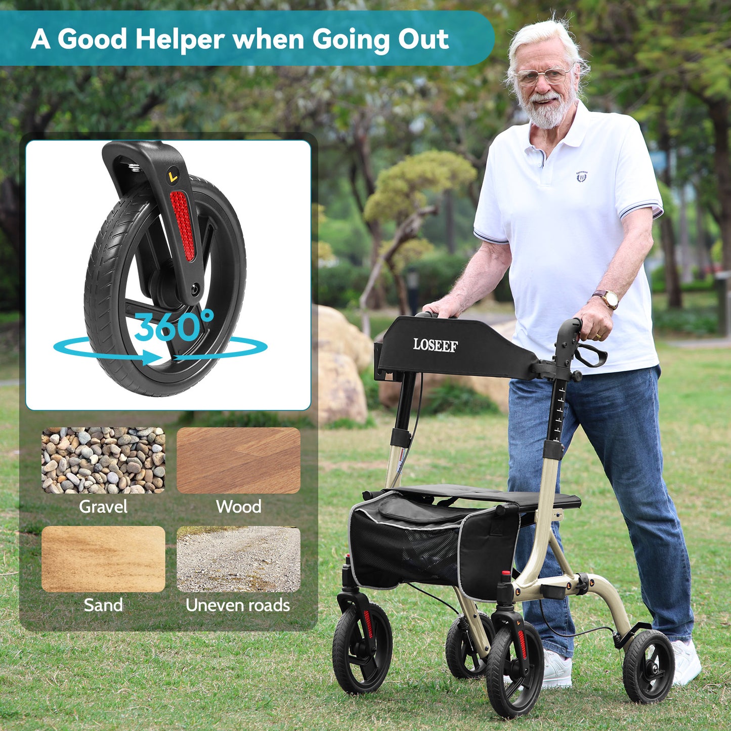 COSYWILL Walker with Seat,Foldable Rollator Walker,10" Wheels,Height Adjustable,Removable Back Support, 300 lbs,Champagne