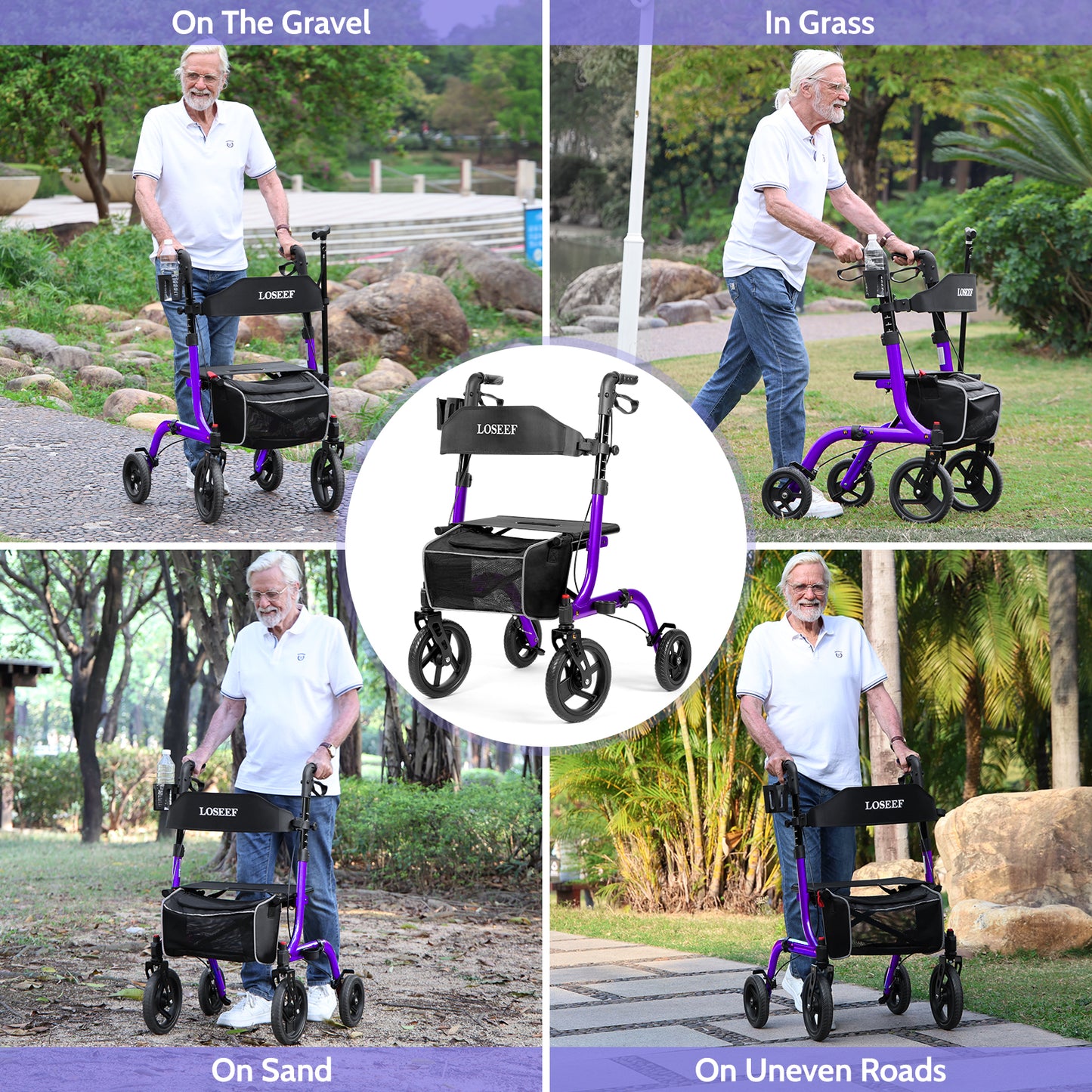 COSYWILL Rollator Walkers with Seat for Seniors, Foldable 10" Big Wheels All Terrain Rolling Walker,Adjustable Handles, Mobility Walker for Seniors,Purple
