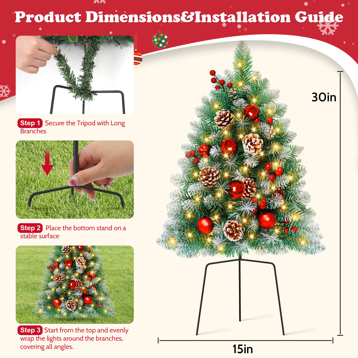 Yexmas 2PCS Small Outdoor Christmas Trees with LED Lights,30" Artificial Xmas Decora for Porch,Yard,Pathway,Garden,PVC