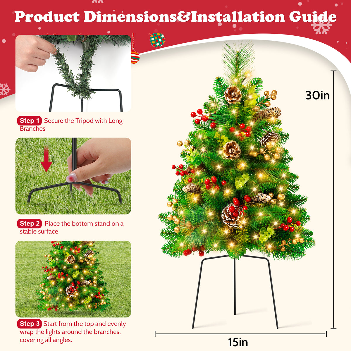Yexmas 2PCS Small Outdoor Christmas Trees with LED Lights,30" Artificial Xmas Decora for Porch,Yard,Pathway,Garden,PVC+Pine Needles