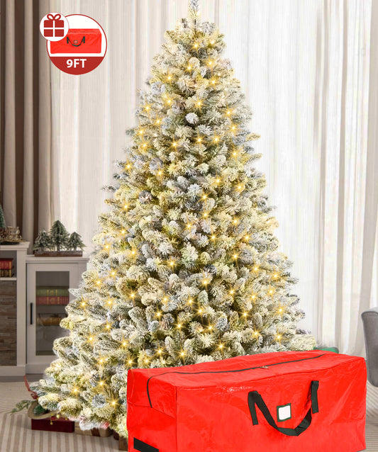 IZNEN 9ft Pre-Lit Snowflake Flocked Christmas Tree,8 Modes LED Lights,Artificial Xmas Tree with Storage Bag