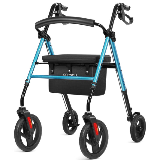 COSYWILL Rollator Walker with Seat,Foldable Walkers for Seniors,Mobility Walkers with 10'' Big Wheels,Adjustable Handles and Seat Height,Blue