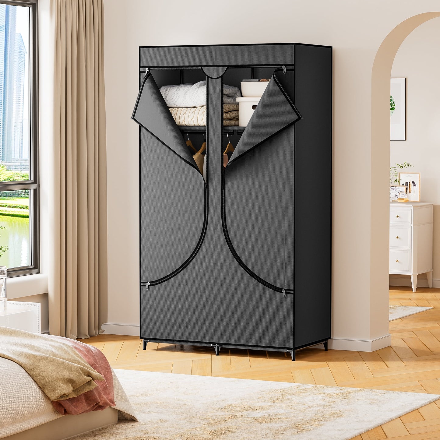 YOUPINS Clothes Organizer 3 Hanging Rod Shelf Portable Closet with Cover Clothes Rack Standing Closet Clothes Storage Wardrobe Garment Cabinet