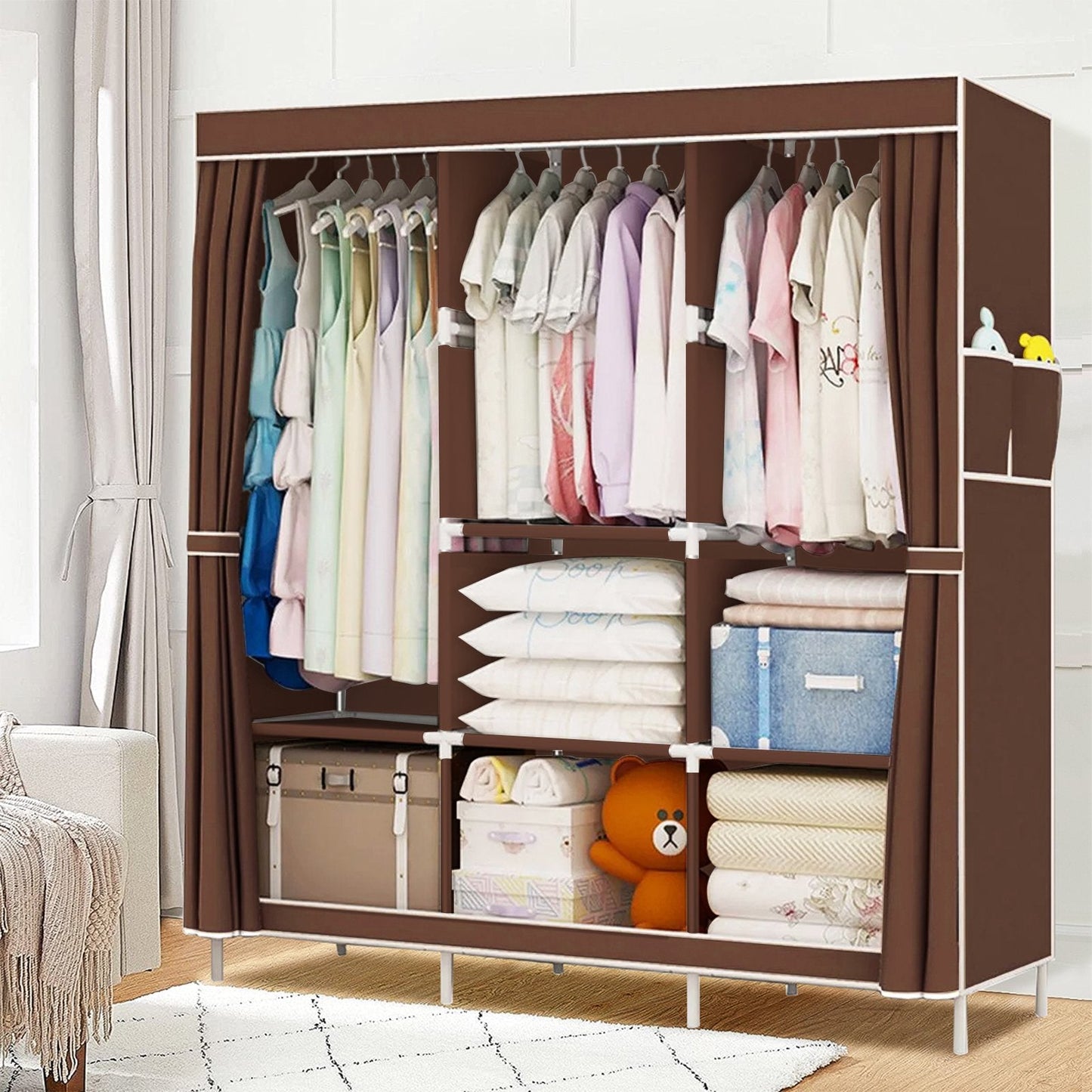Clothes Organizer 3 Hanging Rod Shelf Portable Closet with Cover Clothes Rack Standing Closet Clothes Storage Wardrobe Garment Cabinet
